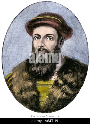 Portuguese explorer Ferdinand Magellan whose expedition first circumnavigated the globe 1519 to 1521. Hand-colored halftone of an illustration Stock Photo