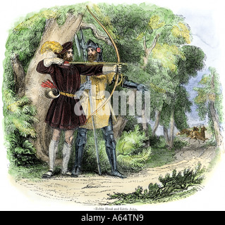 Robin Hood and Little John hunting deer in Sherwood Forest. Hand-colored woodcut Stock Photo