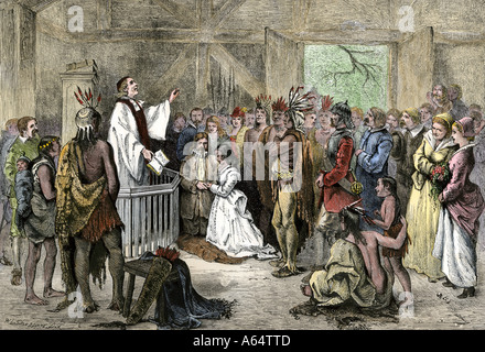 Pocahontas marriage to John Rolfe in Jamestown Virginia Colony. Hand-colored woodcut Stock Photo