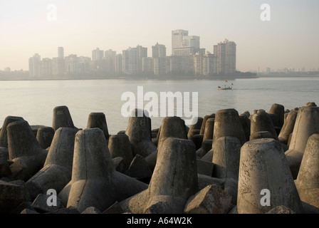 Sea defense surrounds Mumbai and protects the The World Trade centre and other buildings in India Stock Photo