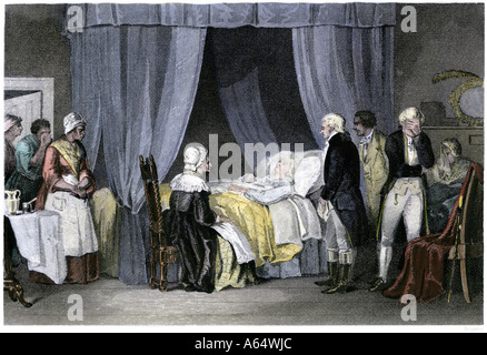 Death of George Washington at his Mount Vernon home 1799. Hand-colored steel engraving Stock Photo