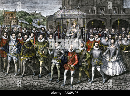 Visit of Queen Elizabeth I to Blackfriars in London 1600. Hand-colored woodcut Stock Photo