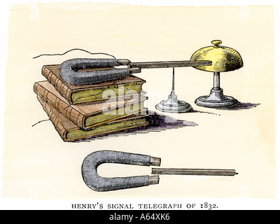 Signal telegraph apparatus of Joseph Henry  the first electromagnetic telegraph 1832. Hand-colored woodcut Stock Photo