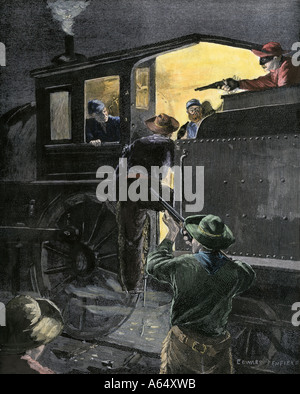 Bandits robbing a railroad train late 1800s. Hand-colored woodcut Stock Photo