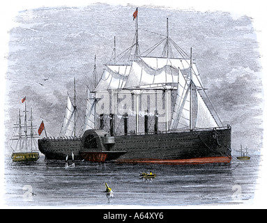 Steamship Great Eastern attempting to lay telegraph cable across the Atlantic Ocean 1850s. Hand-colored woodcut Stock Photo