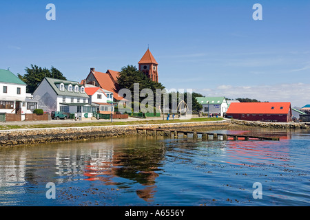 The seafront of Port Stanley showing Christ Church Cathedral on Ross Street Stock Photo