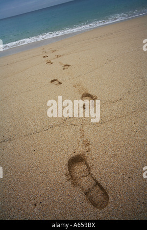 Footprints in the Sand on a beach disappearing into the Sea Stock Photo