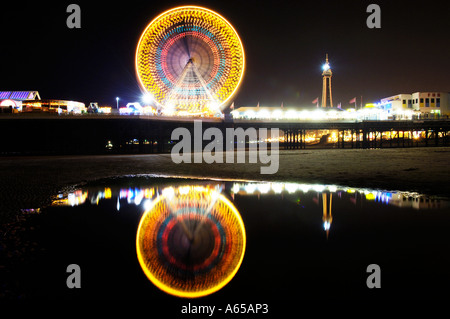 Blackpool tower and big wheel at night during the illuminations Stock Photo