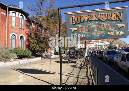 Bisbee town showing the Copper Queen Hotel sign Arizona USA Stock Photo