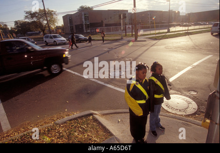 Detroit Michigan Children serving as crossing guards outside Howe Elementary School Stock Photo