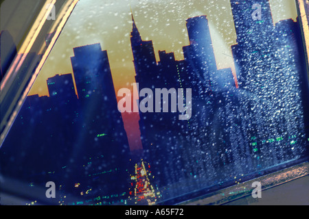 Rainy reflection of New York City in a car window abstract Stock Photo