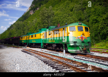 Yukon White Pass Locomotive arriving in Skagway Alaska Stock Photo