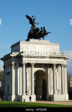 Front view of Wellington Arch against blue sky at Hyde Park Corner London England Stock Photo