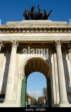 Front view of Wellington Arch against blue sky at Hyde Park Corner London England Stock Photo