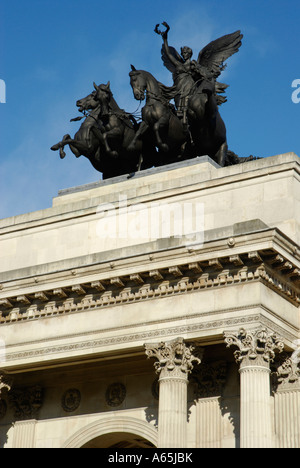 Close up front side view of Wellington Arch and Quadriga statue Hyde Park Corner London England Stock Photo