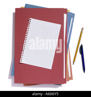 A selection of coloured folders and a sheet of lined paper pencil and pen Stock Photo