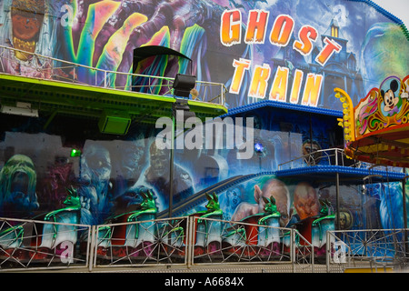 Collins travelling fair Ghost Train ride and amusement rides, amusement parks and travelling fairs enjoyment and entertainment, in Derbyshire, UK Stock Photo