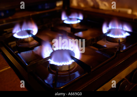 Domestic gas cooker with burners lit Stock Photo