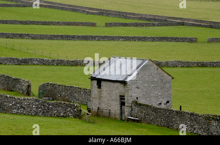 A brick built barn stands among the small fields separated by dry stone walls that are common in the Peak District Stock Photo