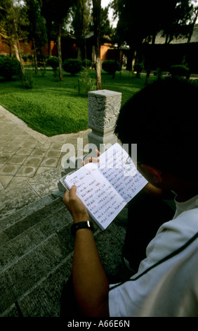 Student studying his notes on the steps of one of the pavilions of the Confucian temple. Jianshui, China. Stock Photo
