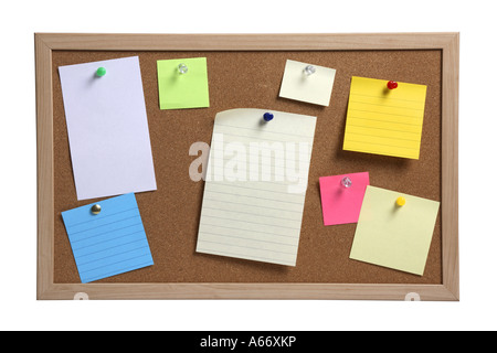 Bulletin board with notes cut out on white background Stock Photo