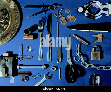 Selection of objects made from metal alloys. Stock Photo