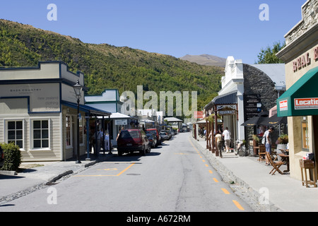 Old timber buildings in main street of former goldrush town of Arrowtown near Queenstown New Zealand Stock Photo