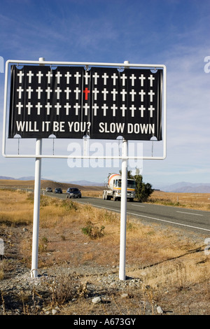 Road safety sign warning drivers to take care Lake Tekapo Central South Island New Zealand Stock Photo