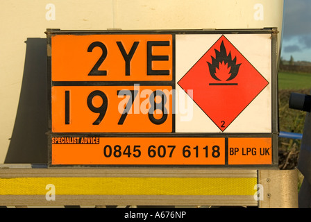 Close up of Hazchem Hazardous Chemicals and Dangerous Goods information sign on gas tanker lorry to aid emergency services Stock Photo