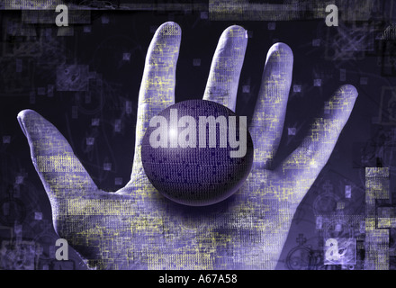 Hand holding sphere with technology and information Stock Photo