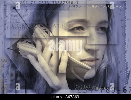 Young Woman on digital cell phone illustration collage Stock Photo