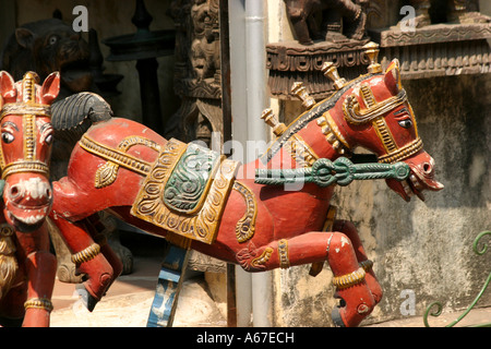 carved wooden horses for sale to tourists in Jewtown , Fort Kochi ,Cochin, Kerala ,India Stock Photo