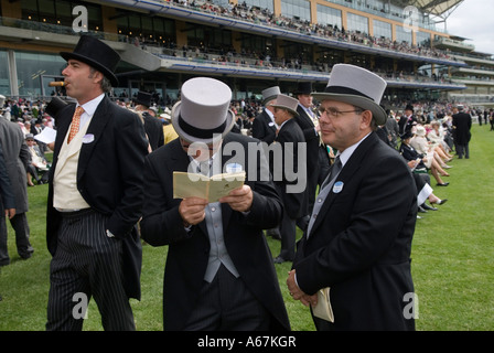 Royal Enclosure Grandstand Horse racing at Royal Ascot Berkshire England, upper class men in top hats and tails coast study a racing card. HOMER SYKES Stock Photo