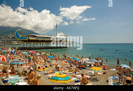 Crowded Public Beach, Promenade and Boardwalk of Jalta, Crimea, Ukraine ...