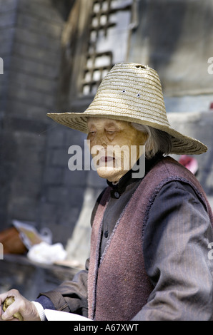CHINA CHUANDIXIA Elderly female owner of a farmhouse wearing traditional Chinese jacket and pants and straw hat Stock Photo