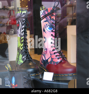 Colourful Dr Martens shoes in Dublin shop window Ireland Stock Photo