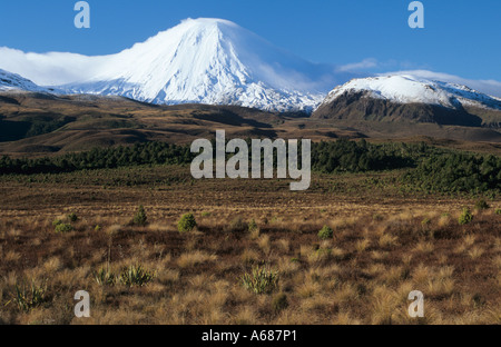 The snow covered peak of Mount Ngauruhoe in Tongariro National Park, New Zealand. Used as Mount Doom in Lord of the Rings movies Stock Photo