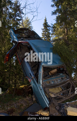 Ripped car frame leaning to tree in forest , Finland Stock Photo