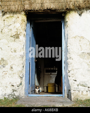 small thatched roofed cottage in the irish landscape, looking into a rural cottage, Stock Photo
