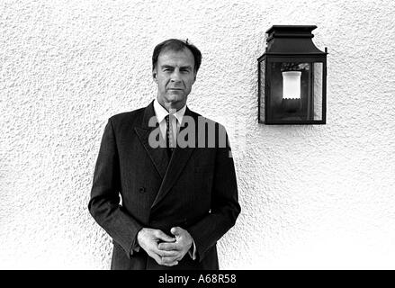 Black and white photograph of Sir Ranulph Fiennes British explorer and adventurer wearing a suit shirt and tie Stock Photo