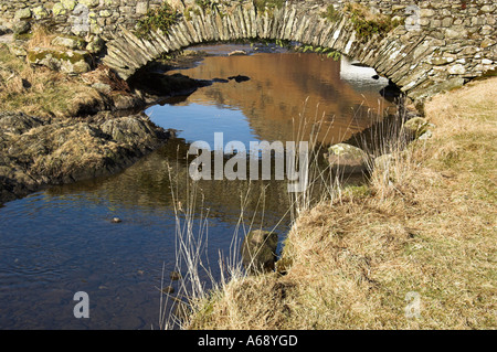 Reflected view under the packhorse bridge at Watendlath. Stock Photo