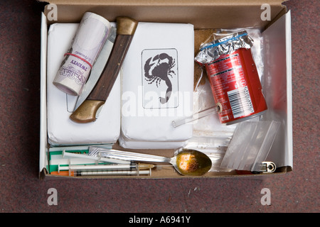 Typical drug dealer drugs and drug paraphernalia Stock Photo