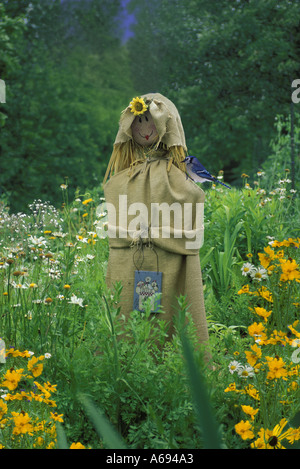 Scarecrow made of straw and burlap with a songbird on her shoulder in the rural wildflower garden, Missouri USA Stock Photo