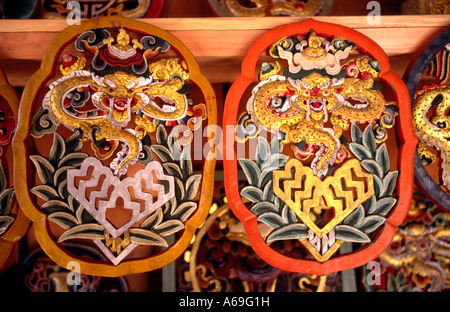 Bhutan Bumthang Valley Jakar crafts Udee Woodcarving painted panels Stock Photo