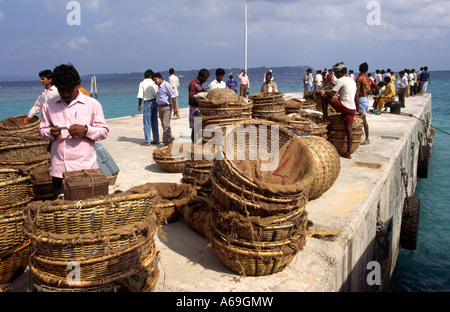 India Andaman Islands Neil Island jetty baskets stacked waiting to be loaded Stock Photo