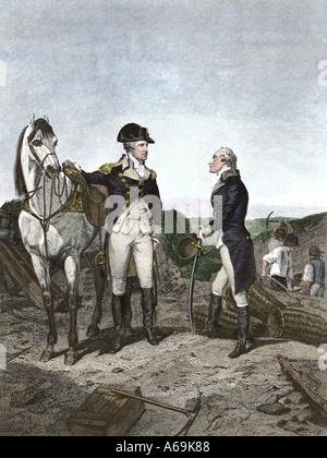 First meeting of George Washington and Alexander Hamilton American Revolution. Hand-colored steel engraving Stock Photo