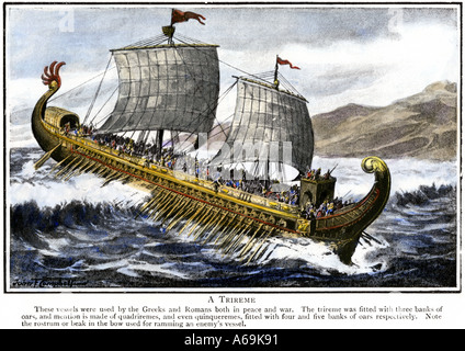 Trireme with 3 banks of oars used by the ancient Greeks and Romans. Hand-colored halftone of an illustration Stock Photo