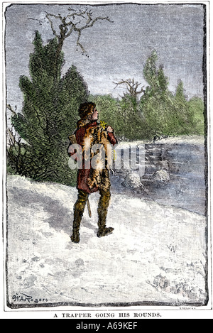Trapper making his winter rounds in the north woods. Hand-colored woodcut Stock Photo