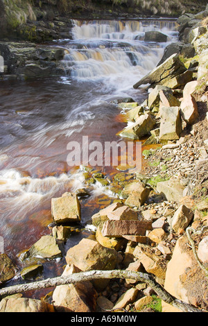View of waterfalls on the River Ashop as it flows through Ashop Clough in the Peak District in Derbyshire Stock Photo