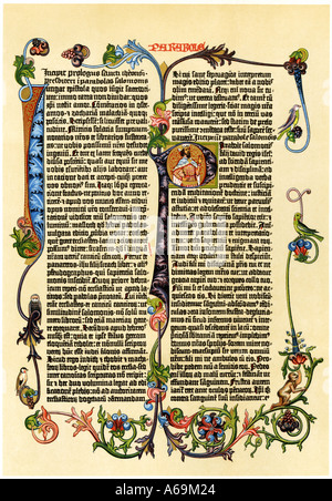 Page of Gutenberg s 42 line Bible printed in the 1450 s probably the first use of moveable type. Color lithograph Stock Photo